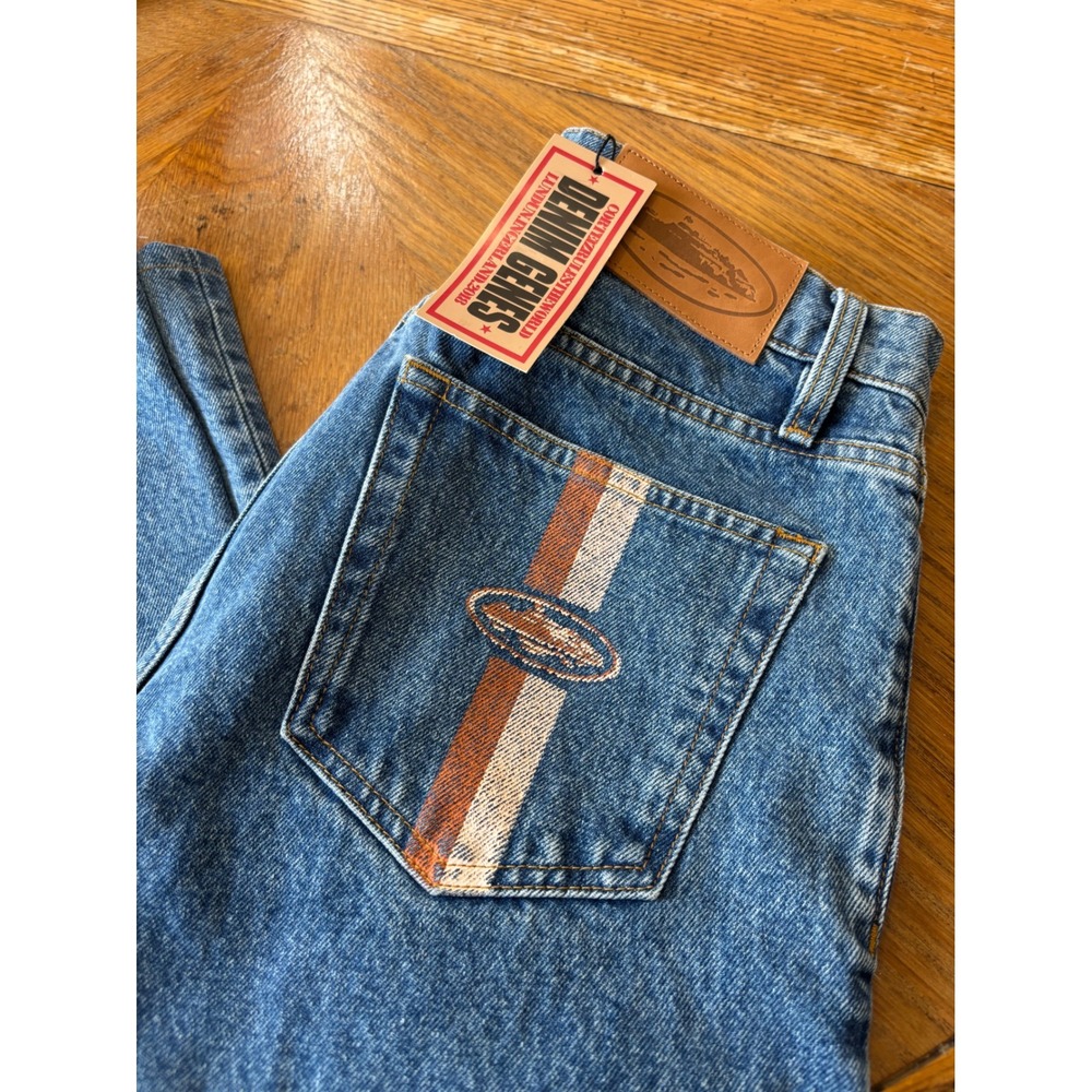 Corteiz Dual Stripe Baggy Denim Jeans Midwash Mens 30 NWT MSRP $205